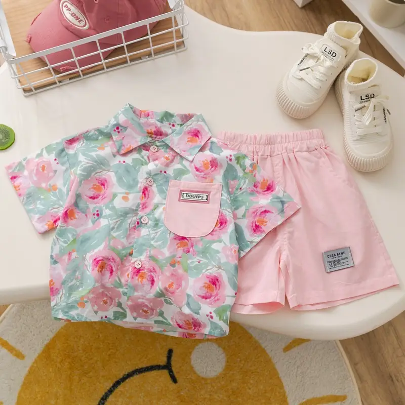 Children Cotton Floral Short Sleeve Suit Green — feature 8