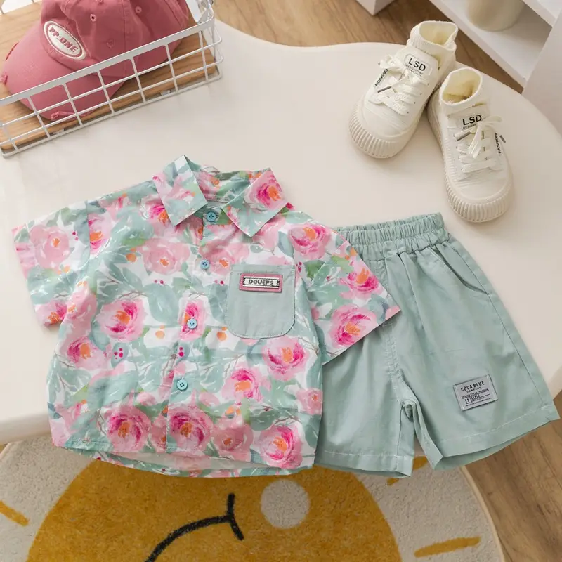 Children Cotton Floral Short Sleeve Suit Green — feature 9