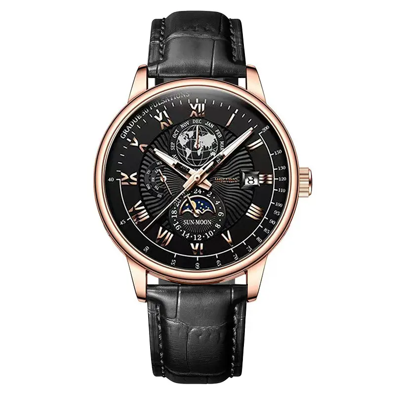 Foreign Trade New Product Fashion Hot Selling Three-Eye Calendar Starry Sky Moon Fashion Men's Watch Men's Watch Belt Wholesale - Image 8