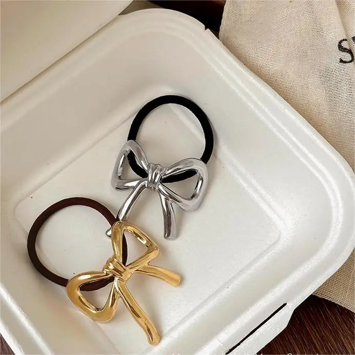 French Bow Hair Rope Women's 2024 New Gold Silver - Image 5