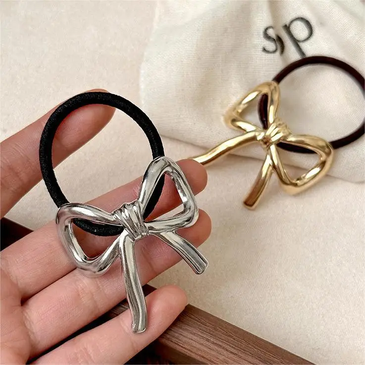 French Bow Hair Rope Women's 2024 New Gold Silver - Image 6