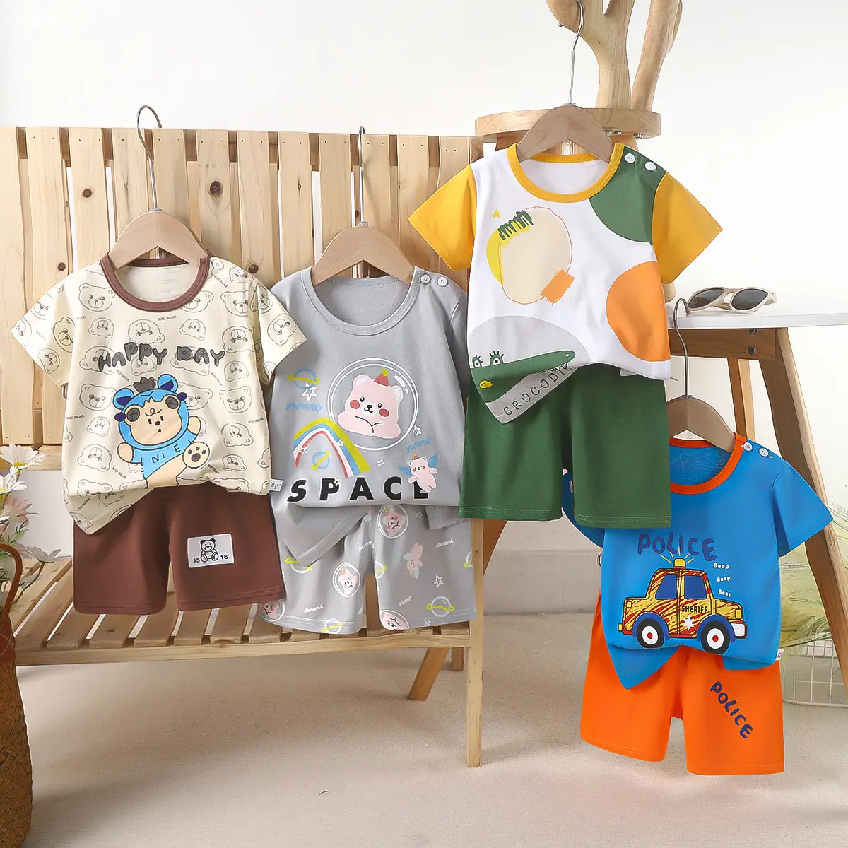 Kids Bear Print Short Sleeve T-Shirt Suit Blue - Image 44