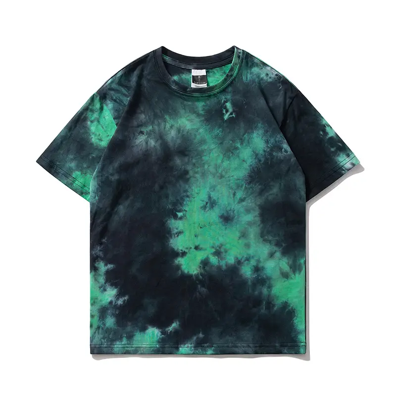American Tie-Dyed Hip Hop T-Shirt Green Black Short Sleeve Cotton - Image 3