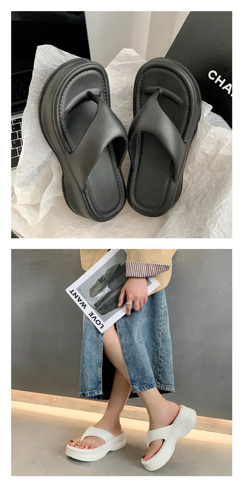 EVA Thick Bottom Elevated Feces-stepping Flip-flops Women's Outwearing Summer Soft Bottom Internet Celebrous INS All-match Beach Sandals and Slippers for Women — feature 5