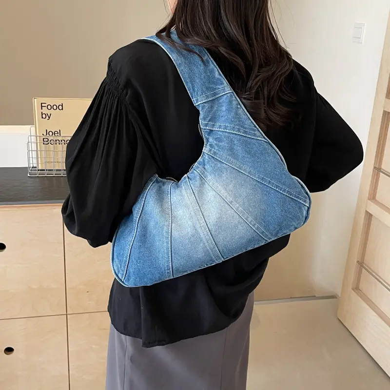 Women Denim Shoulder Bag Vintage Stitching Blue White - Image 6