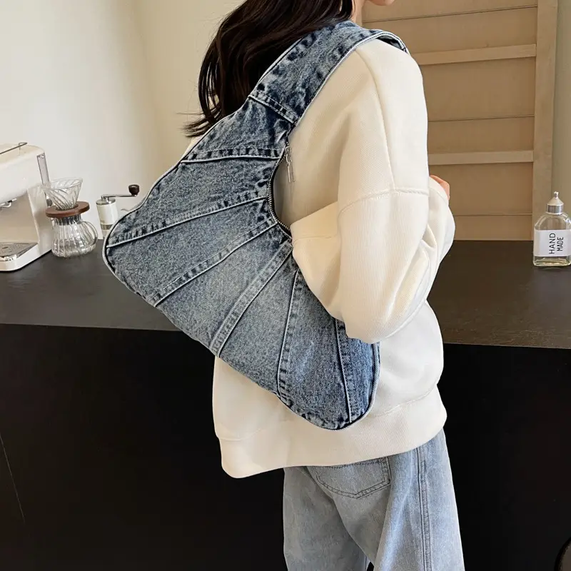 Women Denim Shoulder Bag Vintage Stitching Blue White - Image 7