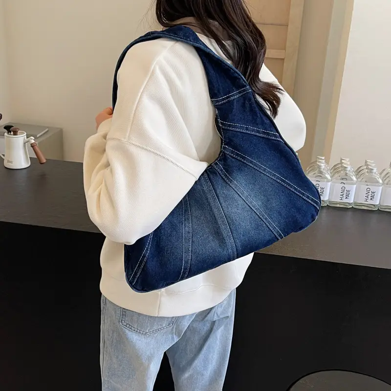 Women Denim Shoulder Bag Vintage Stitching Blue White - Image 8