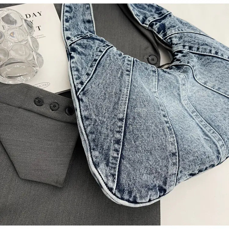 Women Denim Shoulder Bag Vintage Stitching Blue White — feature 100