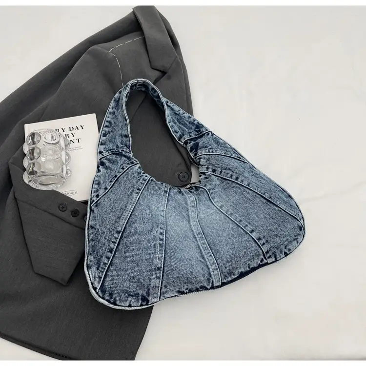 Women Denim Shoulder Bag Vintage Stitching Blue White — feature 102