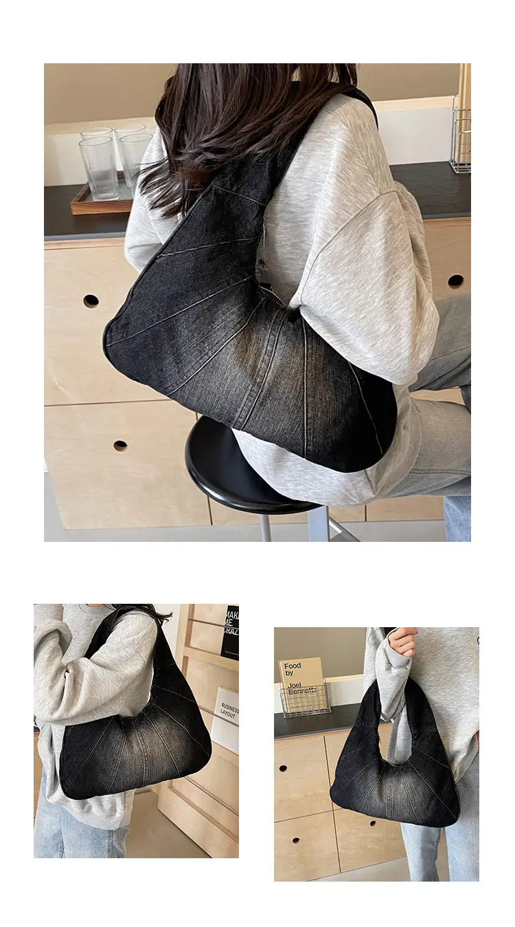 Women Denim Shoulder Bag Vintage Stitching Blue White — feature 11