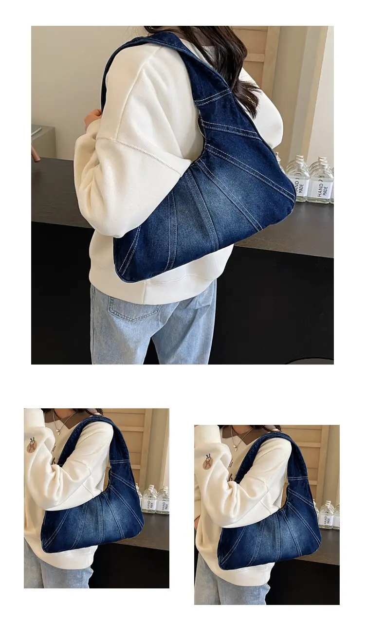 Women Denim Shoulder Bag Vintage Stitching Blue White — feature 12