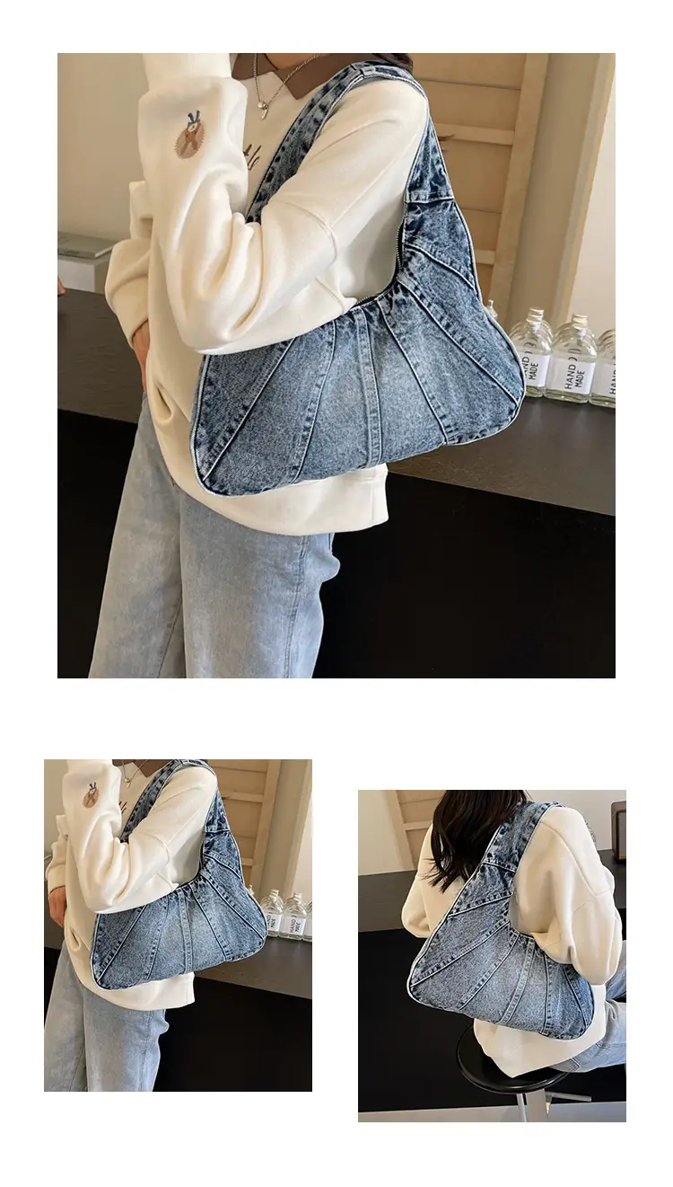 Women Denim Shoulder Bag Vintage Stitching Blue White — feature 13