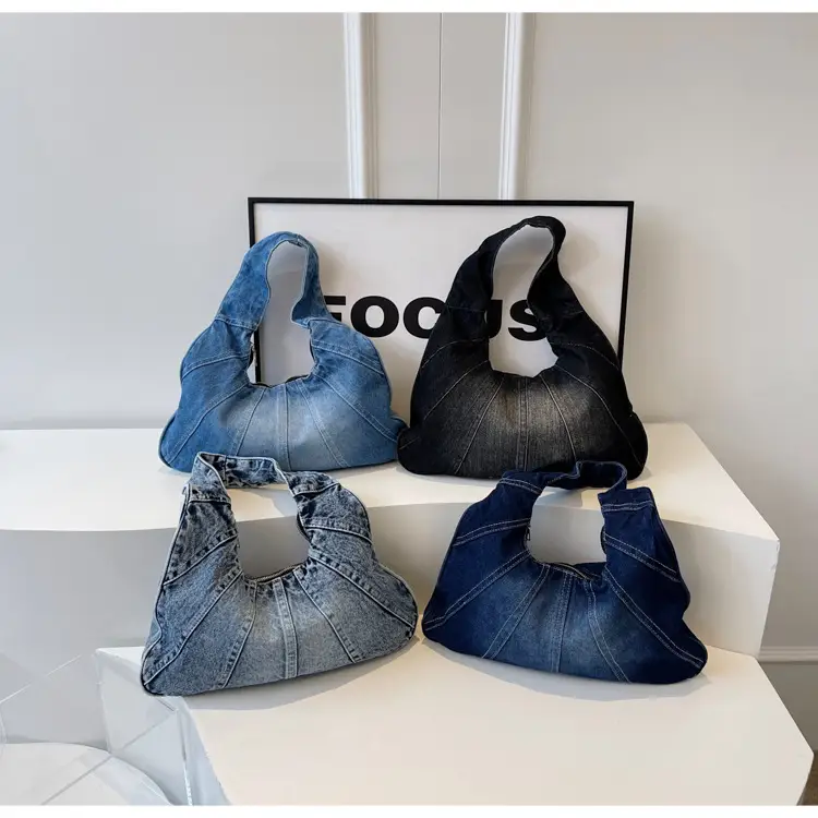Women Denim Shoulder Bag Vintage Stitching Blue White — feature 15