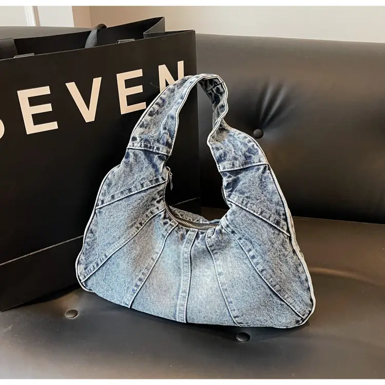 Women Denim Shoulder Bag Vintage Stitching Blue White — feature 16