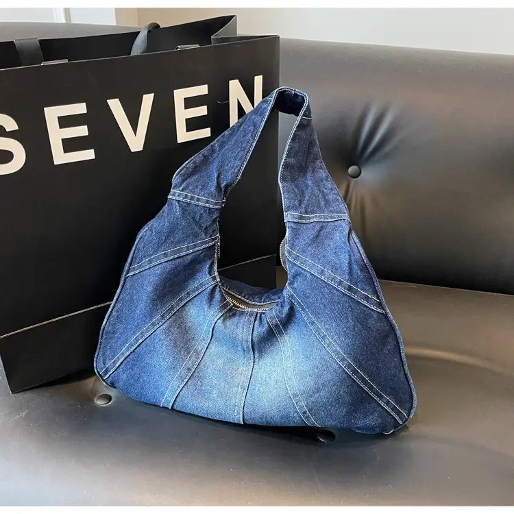 Women Denim Shoulder Bag Vintage Stitching Blue White — feature 17