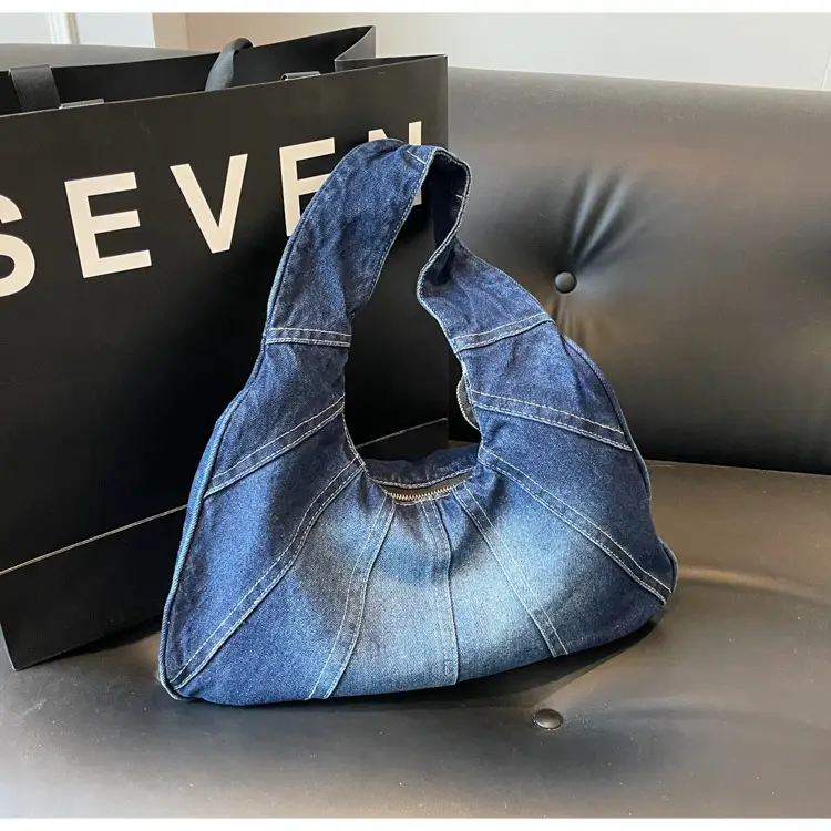 Women Denim Shoulder Bag Vintage Stitching Blue White — feature 18