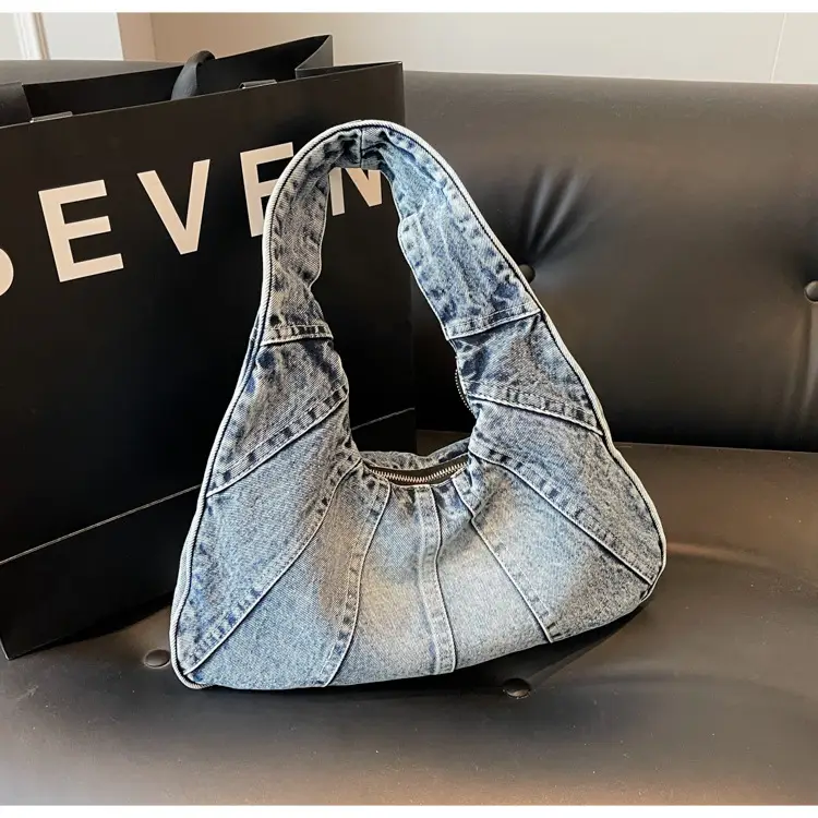 Women Denim Shoulder Bag Vintage Stitching Blue White — feature 19