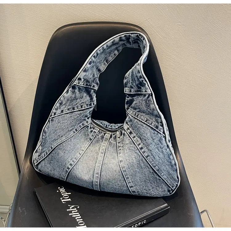 Women Denim Shoulder Bag Vintage Stitching Blue White — feature 21