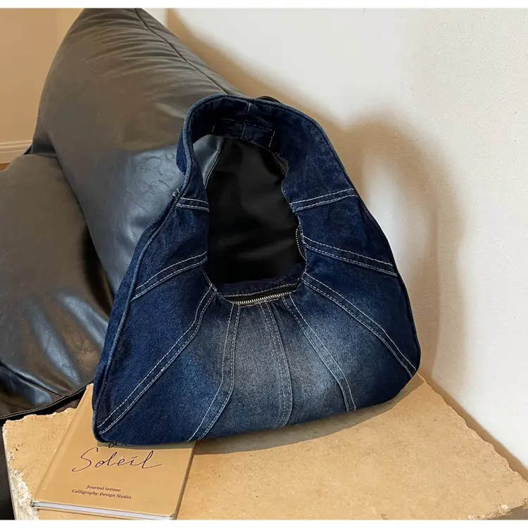 Women Denim Shoulder Bag Vintage Stitching Blue White — feature 23