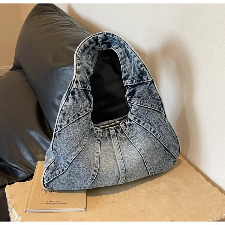 Women Denim Shoulder Bag Vintage Stitching Blue White — feature 25