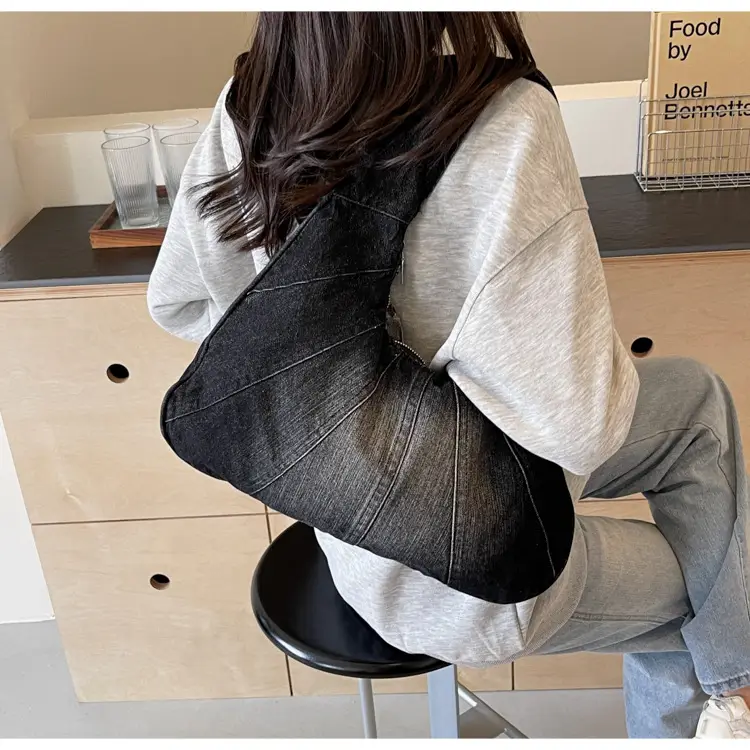 Women Denim Shoulder Bag Vintage Stitching Blue White — feature 26