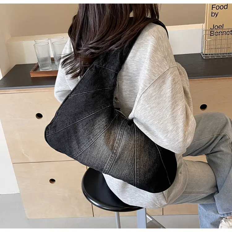 Women Denim Shoulder Bag Vintage Stitching Blue White — feature 27