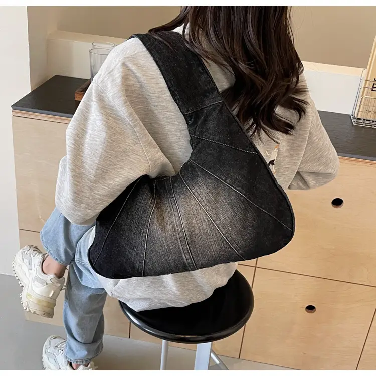 Women Denim Shoulder Bag Vintage Stitching Blue White — feature 28