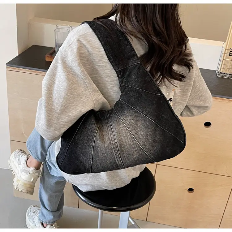 Women Denim Shoulder Bag Vintage Stitching Blue White — feature 29
