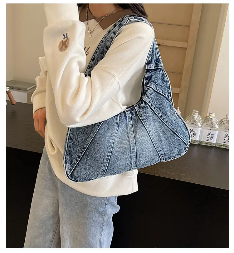 Women Denim Shoulder Bag Vintage Stitching Blue White — feature 3