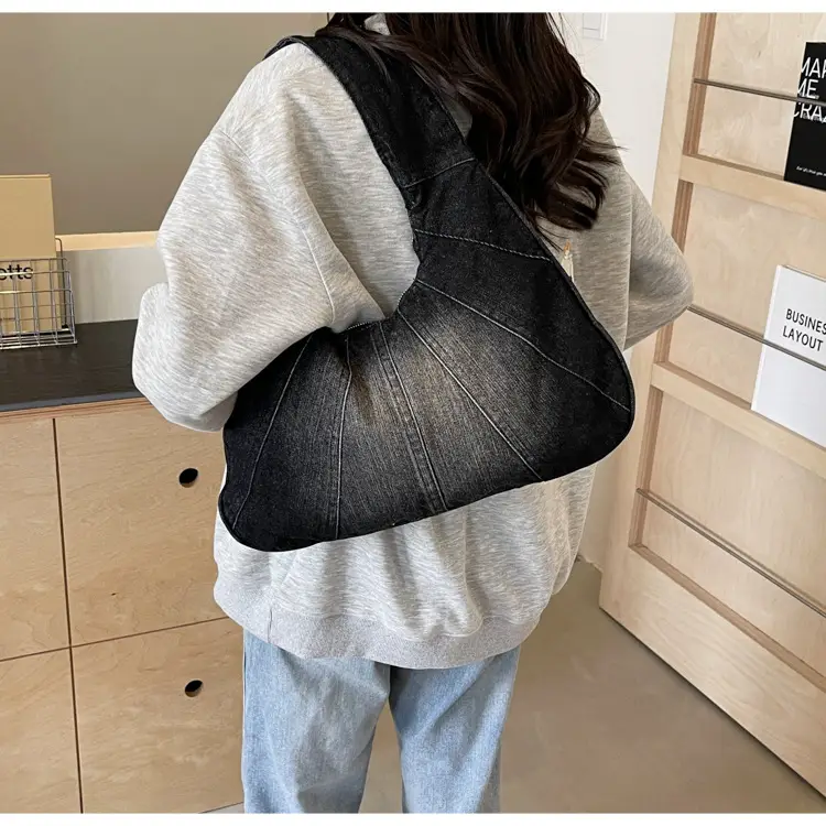 Women Denim Shoulder Bag Vintage Stitching Blue White — feature 31