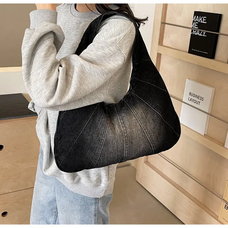 Women Denim Shoulder Bag Vintage Stitching Blue White — feature 32