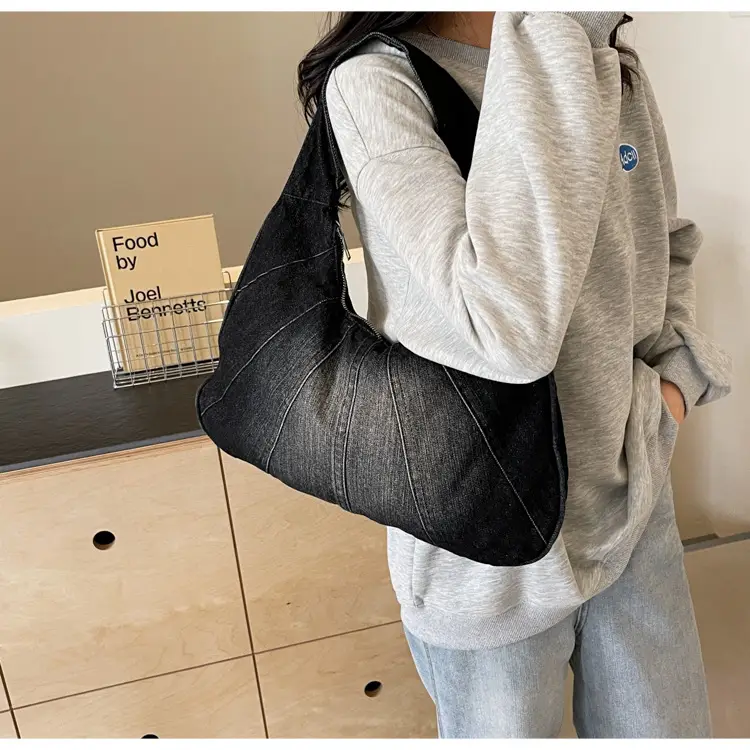 Women Denim Shoulder Bag Vintage Stitching Blue White — feature 33