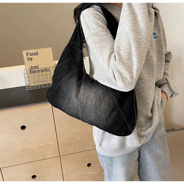 Women Denim Shoulder Bag Vintage Stitching Blue White — feature 34