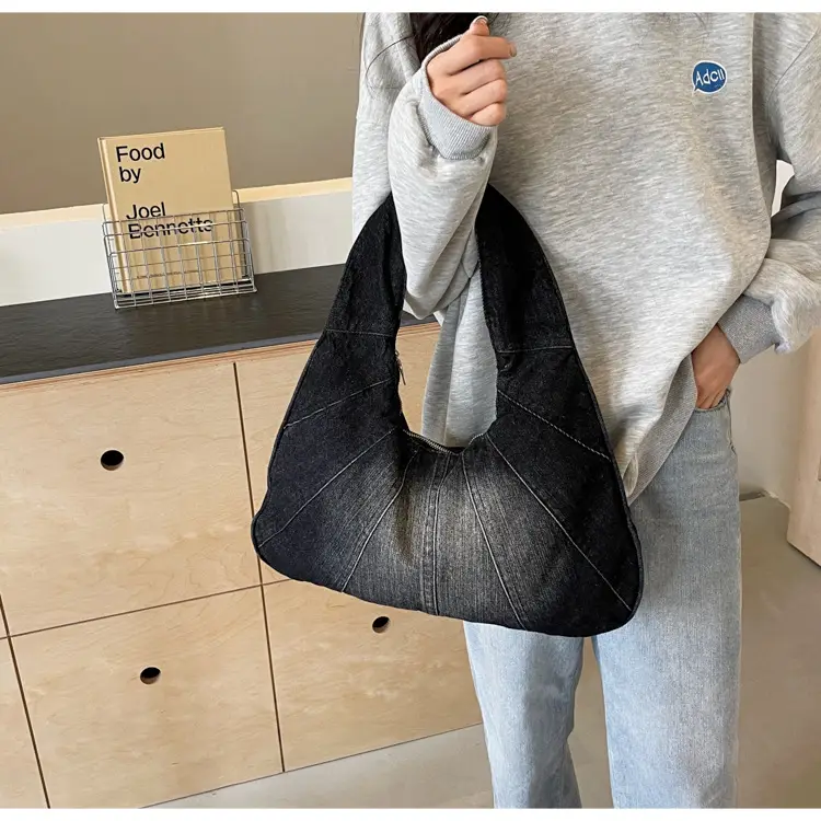 Women Denim Shoulder Bag Vintage Stitching Blue White — feature 35