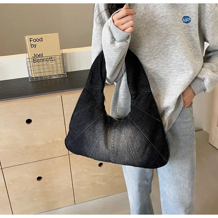 Women Denim Shoulder Bag Vintage Stitching Blue White — feature 36