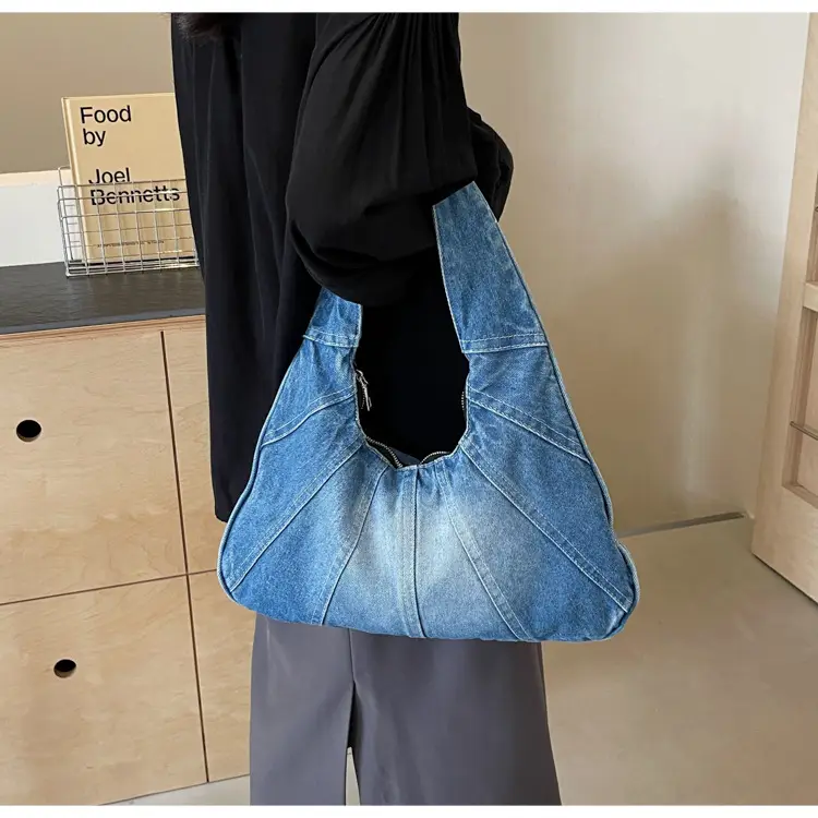 Women Denim Shoulder Bag Vintage Stitching Blue White — feature 39