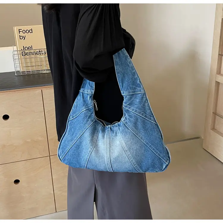 Women Denim Shoulder Bag Vintage Stitching Blue White — feature 40