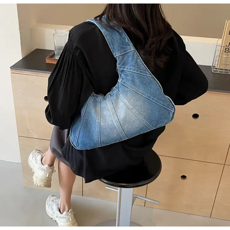 Women Denim Shoulder Bag Vintage Stitching Blue White — feature 41