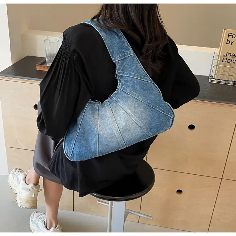 Women Denim Shoulder Bag Vintage Stitching Blue White — feature 42
