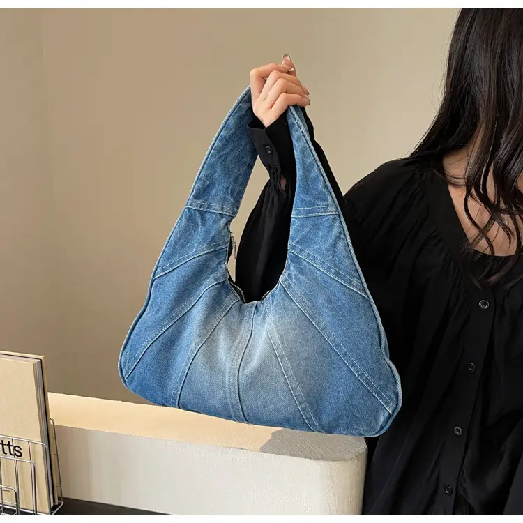 Women Denim Shoulder Bag Vintage Stitching Blue White — feature 43