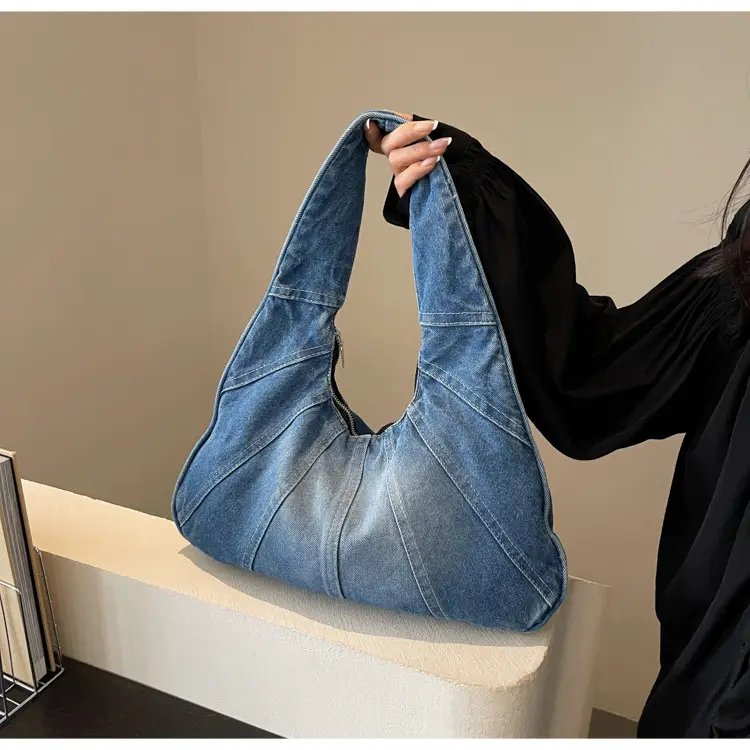 Women Denim Shoulder Bag Vintage Stitching Blue White — feature 44