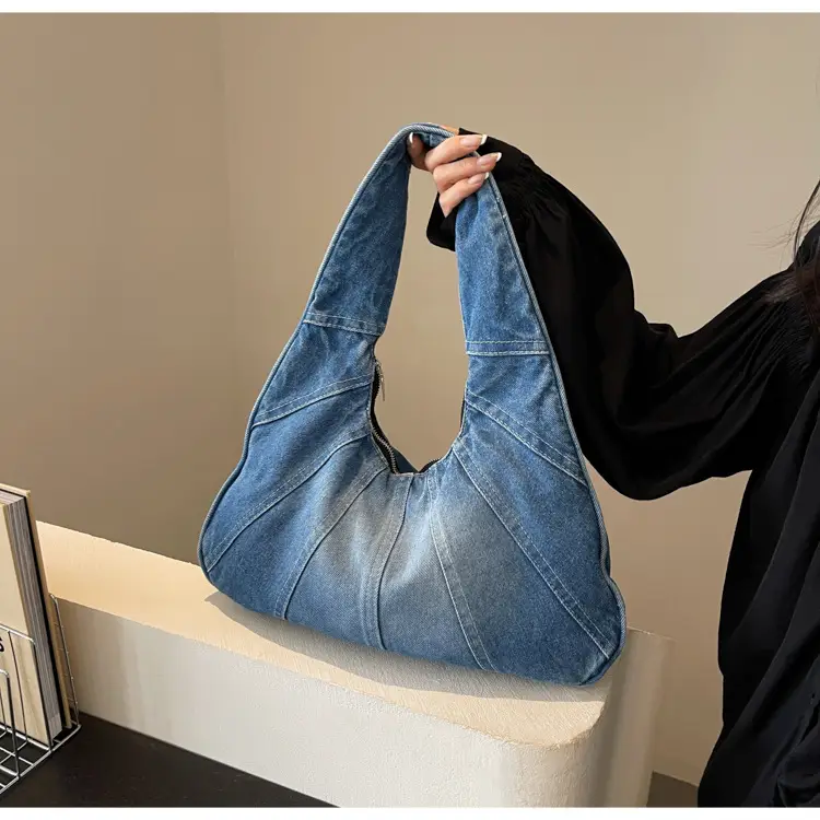 Women Denim Shoulder Bag Vintage Stitching Blue White — feature 45