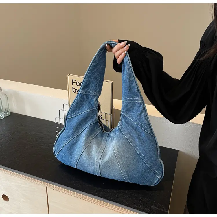 Women Denim Shoulder Bag Vintage Stitching Blue White — feature 46