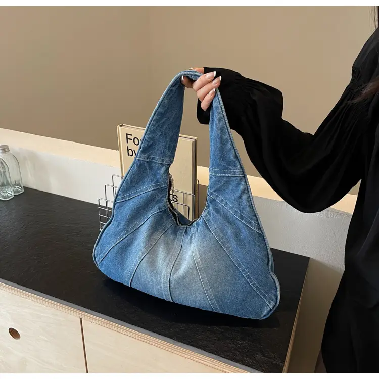 Women Denim Shoulder Bag Vintage Stitching Blue White — feature 47