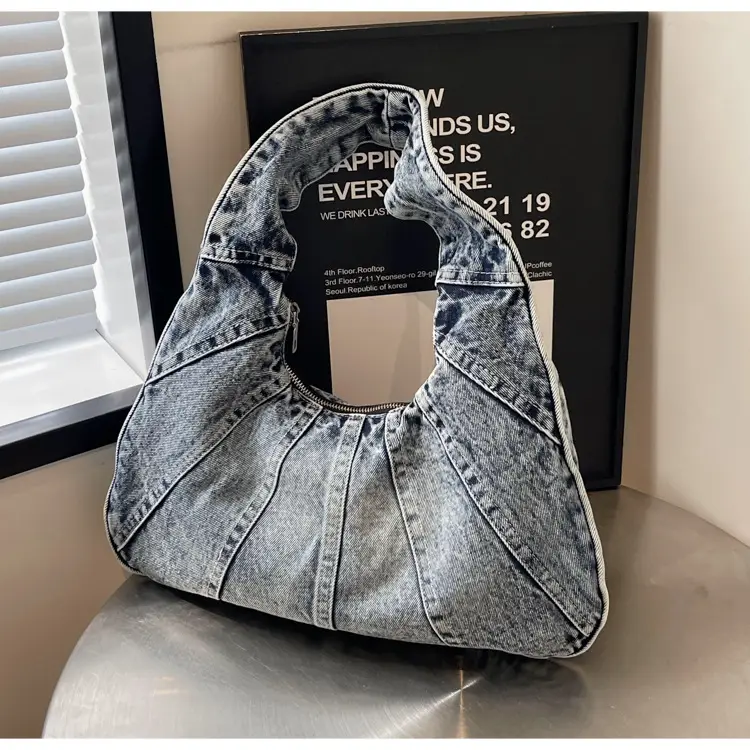 Women Denim Shoulder Bag Vintage Stitching Blue White — feature 48