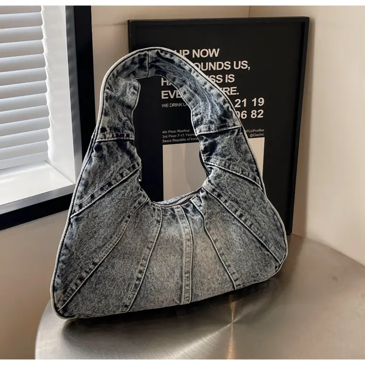 Women Denim Shoulder Bag Vintage Stitching Blue White — feature 49