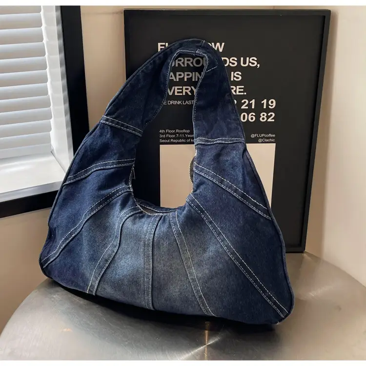 Women Denim Shoulder Bag Vintage Stitching Blue White — feature 50