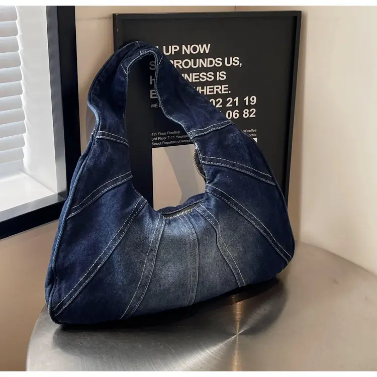 Women Denim Shoulder Bag Vintage Stitching Blue White — feature 51