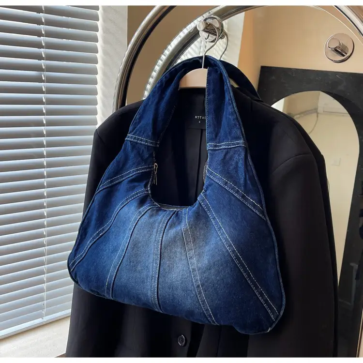 Women Denim Shoulder Bag Vintage Stitching Blue White — feature 52