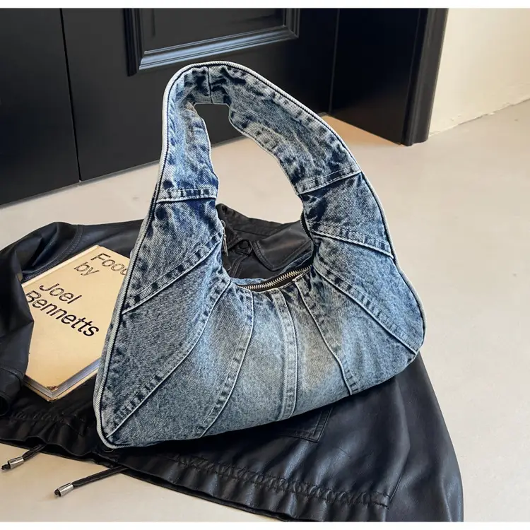 Women Denim Shoulder Bag Vintage Stitching Blue White — feature 53